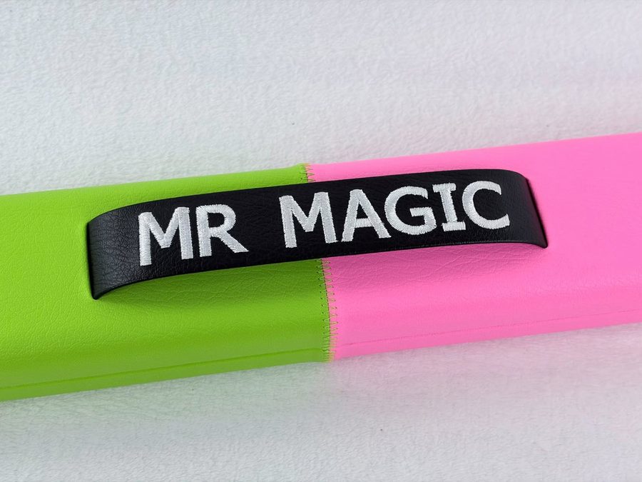 Neon green and pink splice cue nameplate reading Mr Magic