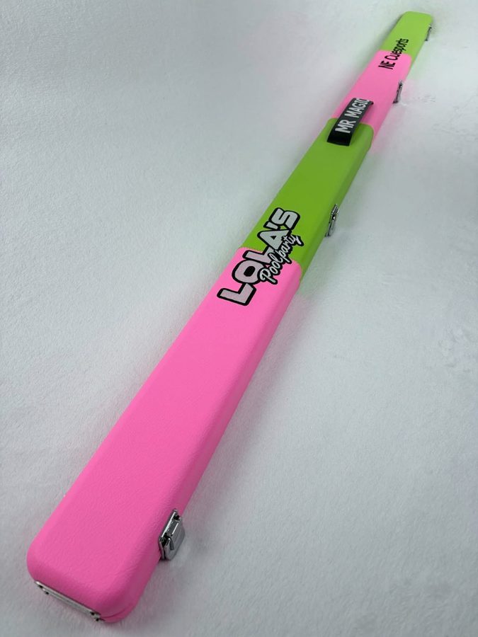 Lola's Pool Party cue case with NE Cuesports and Mr Magic nameplates